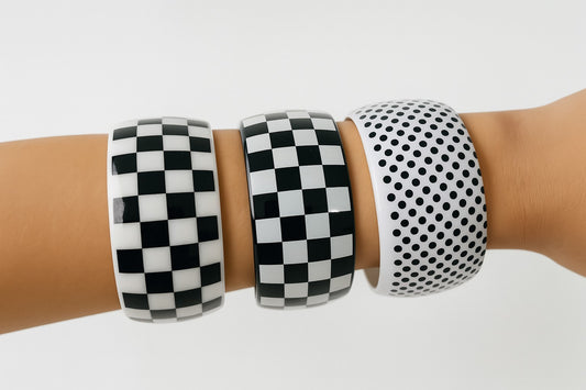 3er Set Armreifen Schwarz/Weiß Schachbrett Muster &Gepunktet Rockabilly Festival