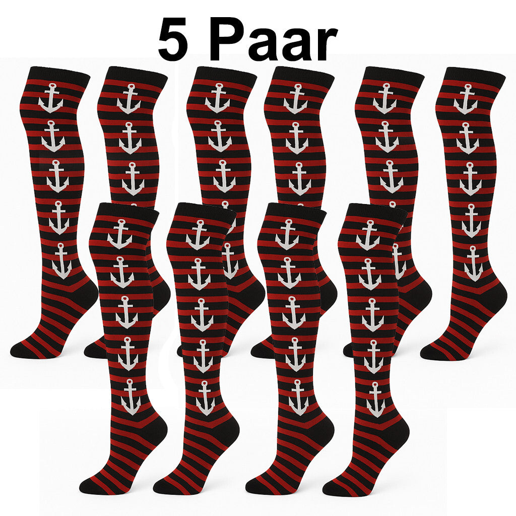 5x Anker Kniestrümpfe Strümpfe Streifen Punk Festival Gothic Clubwear rot club