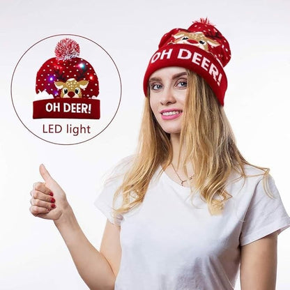 LED Licht Mütze Oh Deer Weihnachtsmütze Weihnachten Bommel Beanie Strickmütze Leuchtet