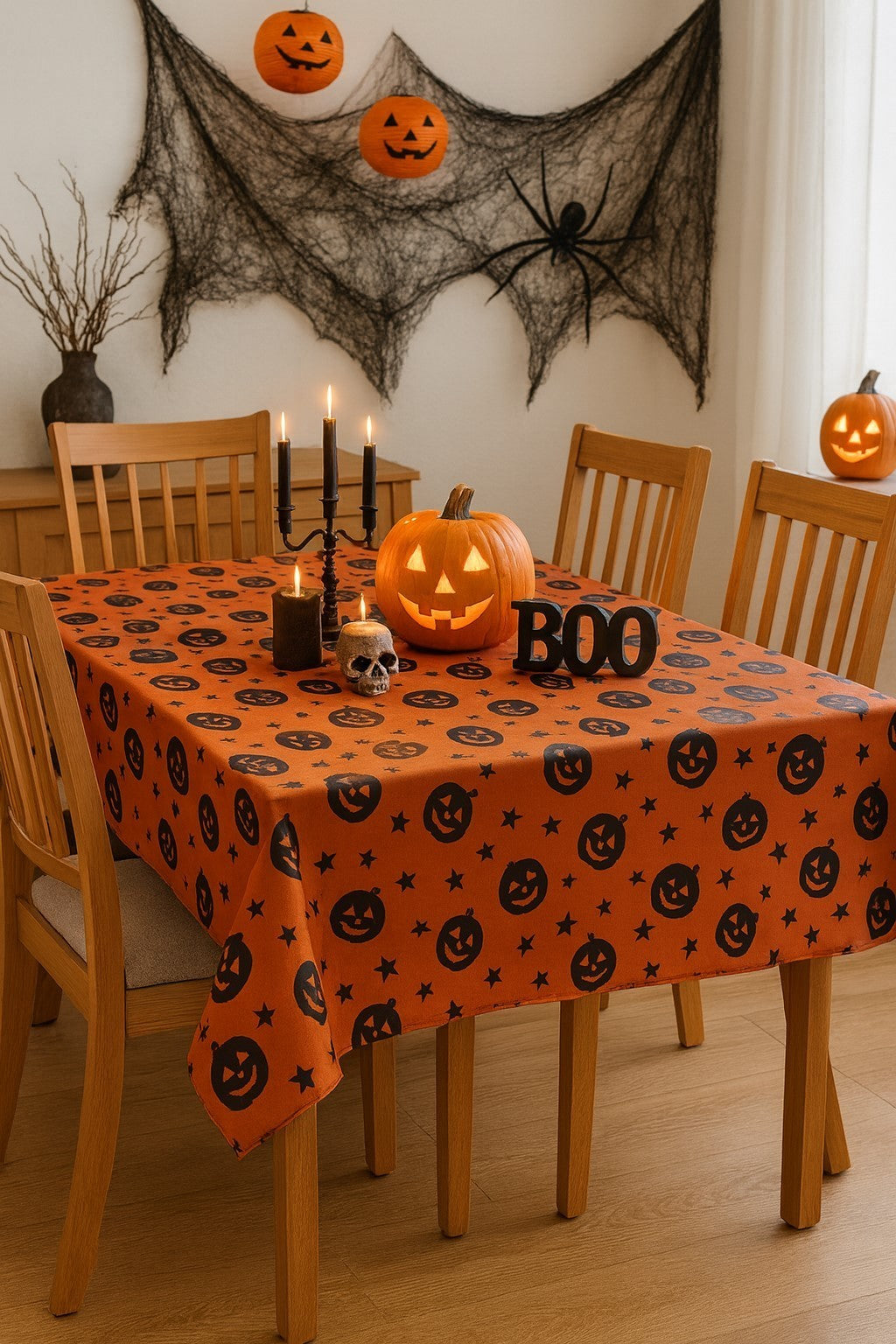 Halloween Deko Box Set Spinnennetz Orange 700g - Tischdecke Orange - Laubsäcke