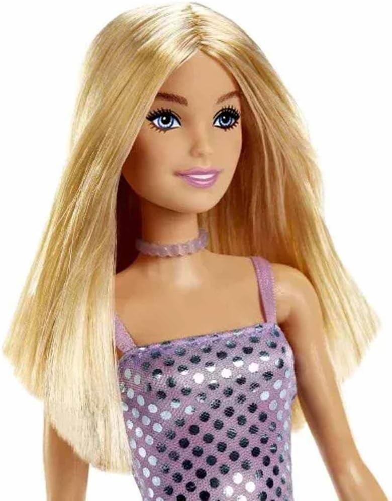 Mattel T7580 / HJR93 Barbie Puppe mit Lila Glitzer Kleid Blond Polka Dots