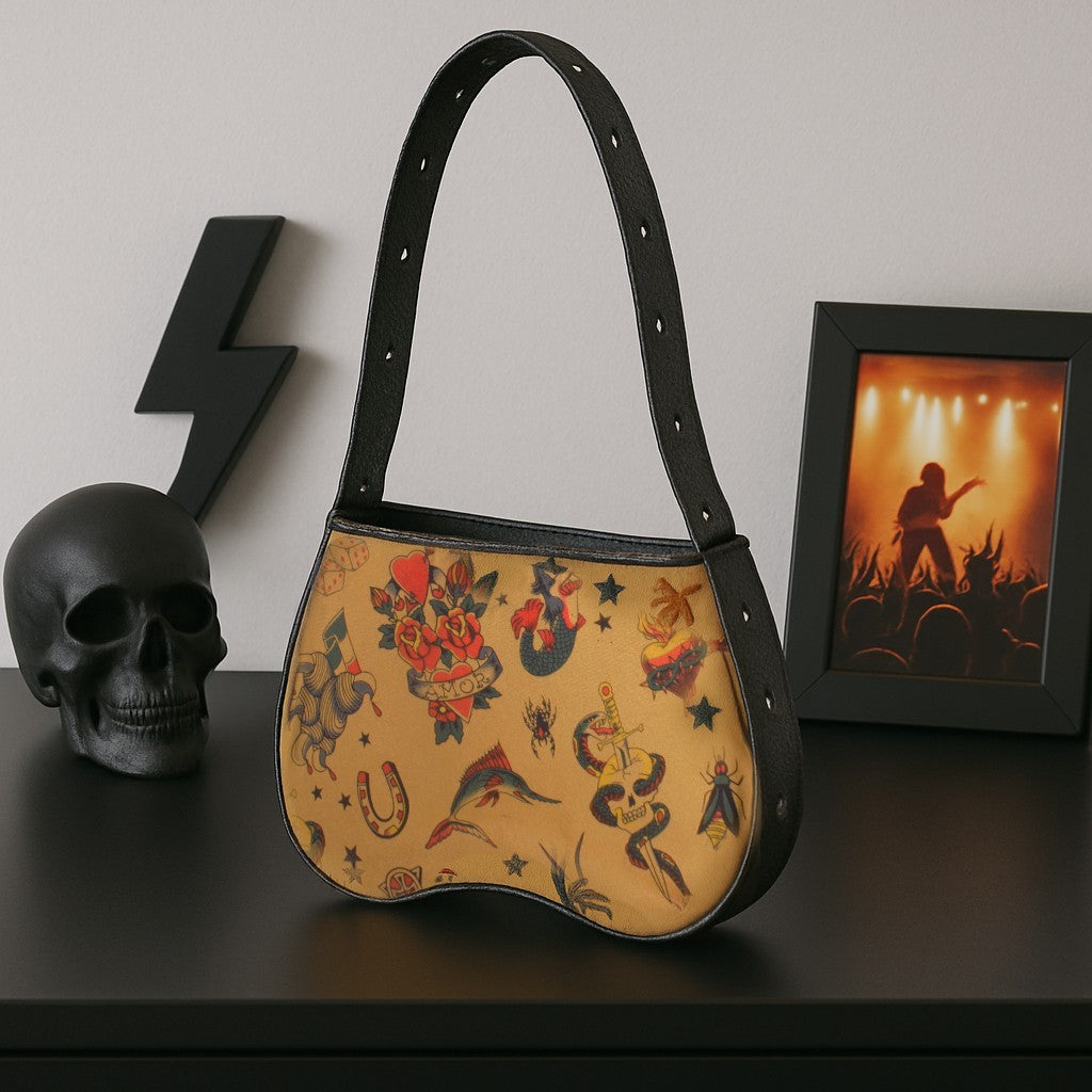 Handtasche Tattoo Beige Damentasche Vintage Rockabilly Oldscool Nieten Retro