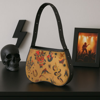 Handtasche Tattoo Beige Damentasche Vintage Rockabilly Oldscool Nieten Retro