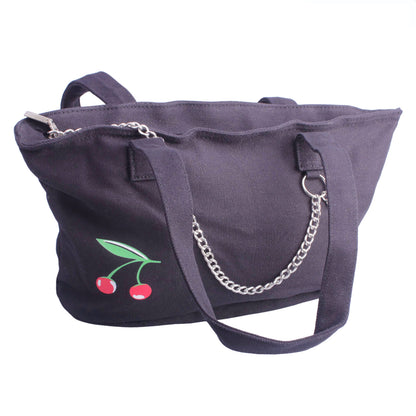 Modische Damen Handtasche mit Kirschprint & Zierkette 30x20cm kurzgriff kompakt