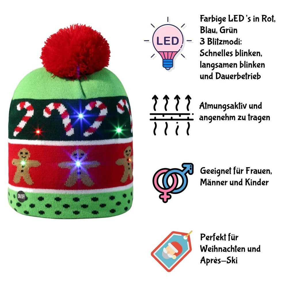 2er Set LED Licht Mütze Lebkuchen & Tanne Weihnachtsmütze Strickmütze Weihnachten
