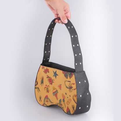 Handtasche Tattoo Beige Damentasche Vintage Rockabilly Oldscool Nieten Retro