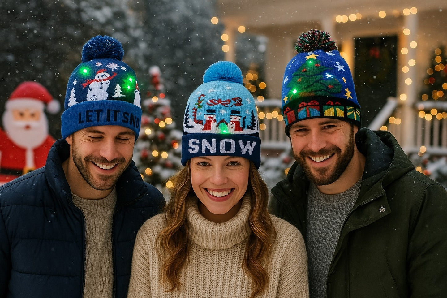 3er Set LED Licht Mütze Let it Snow & Dino Hell-Dunkelblau Weihnachtsmütze Weihnachten