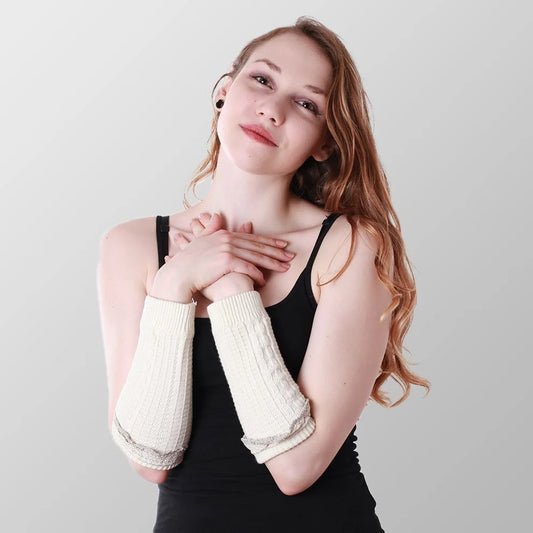 Armstulpen Beige/Weiß mit Spitze Armwärmer Accessoires Damen Mode Strickstulpen