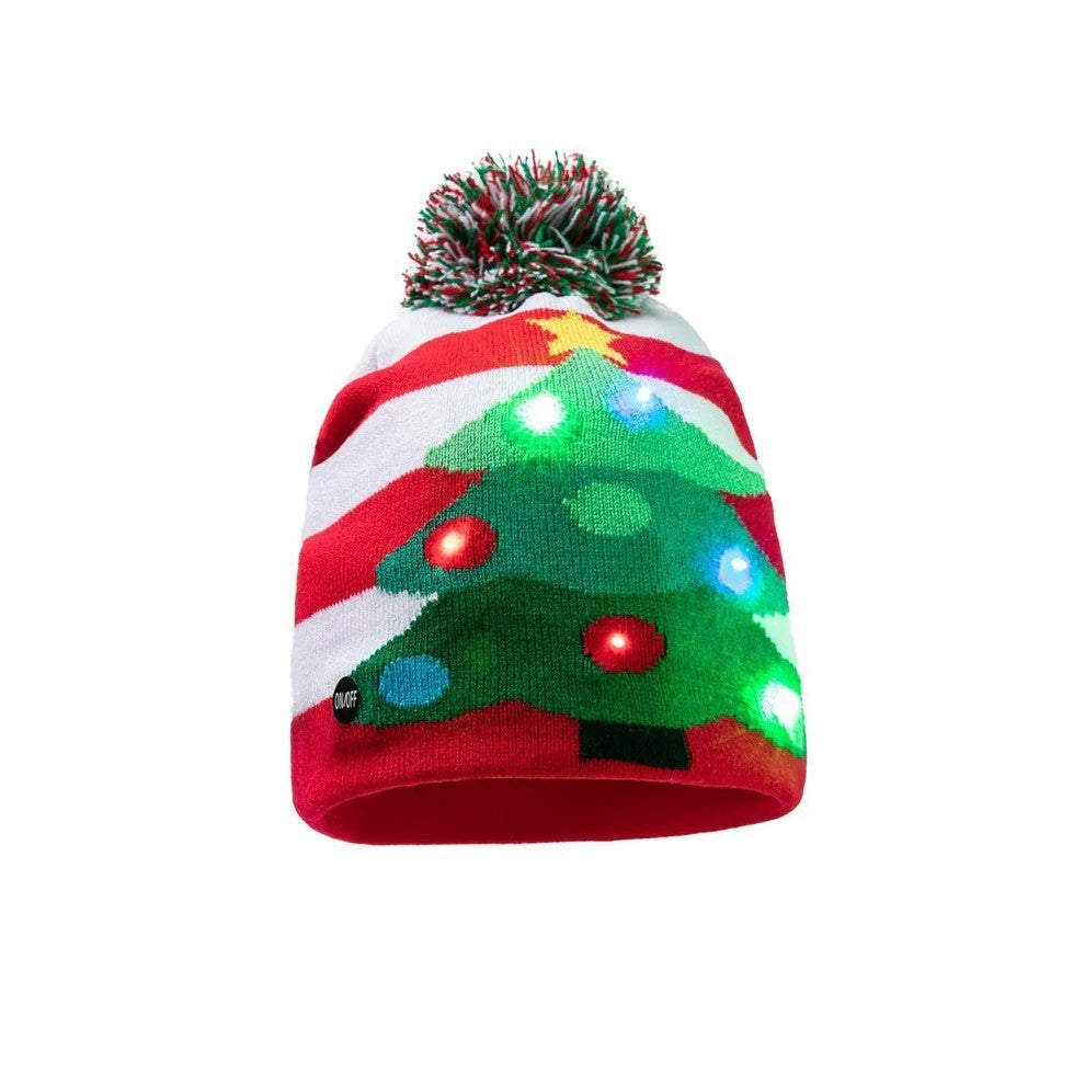 LED Licht Mütze Rot Weiße Tanne Weihnachtsmütze Weihnachten Bommel Beanie Strickmütze