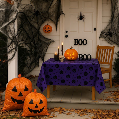 Halloween Deko Box mit Spinnennetz Schwarz 700g - Tischdecke Lila - Laubsäcke