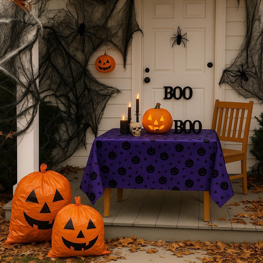Halloween Deko Box mit Spinnennetz Schwarz 700g - Tischdecke Lila - Laubsäcke