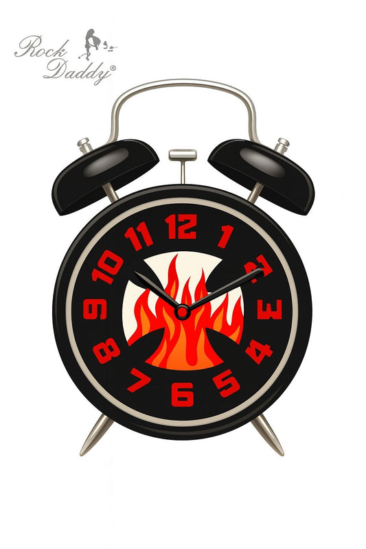 Wecker mit Doppelglocke Kreuz/Flammen Uhr Retro Rockabilly Twin Bell Tischuhr