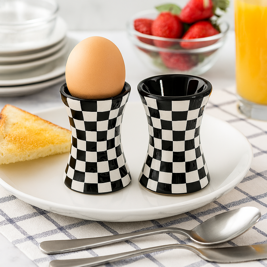 Eierbecher 2er Set Schachbrett Schwarz Weiß Küche Porzellan Esstisch Geschenk