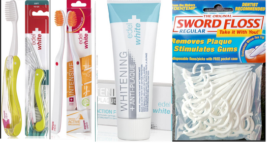 edel+white Zahnpflege Set | Whitening Zahnpasta + Softbürsten + Zahnseide