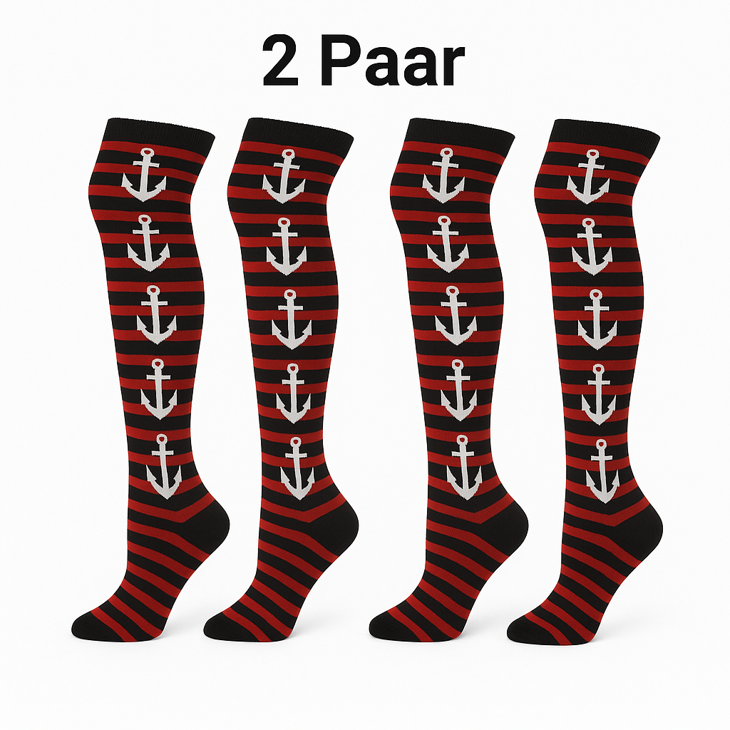 2 Paar lange Socken ringel Anker Motiv Overknees Gothic Punk Emo Rockabilly rot