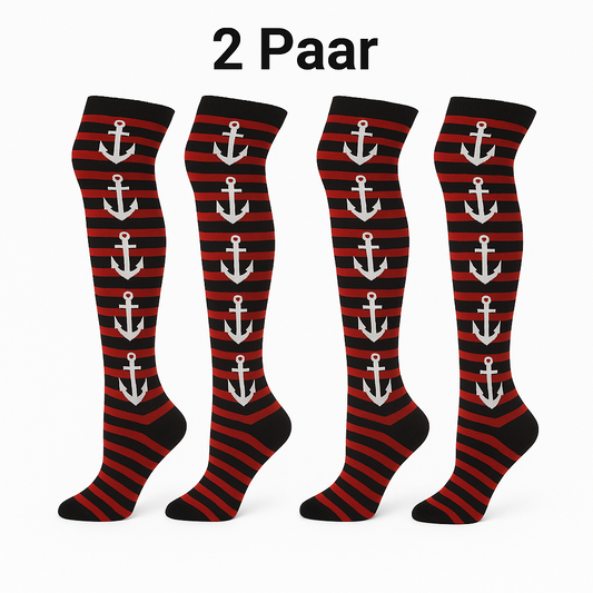 2 Paar lange Socken ringel Anker Motiv Overknees Gothic Punk Emo Rockabilly rot