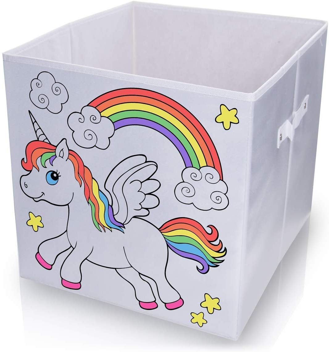 diMio Aufbewahrungsbox Einhorn 35x35x33cm zum bemalen inkl. Buntstifte Faltbox