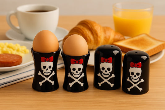 Set Eierbecher + Salz- & Pfefferstreuer Schwarz mit Totenkopf Skull Haushalt Küche