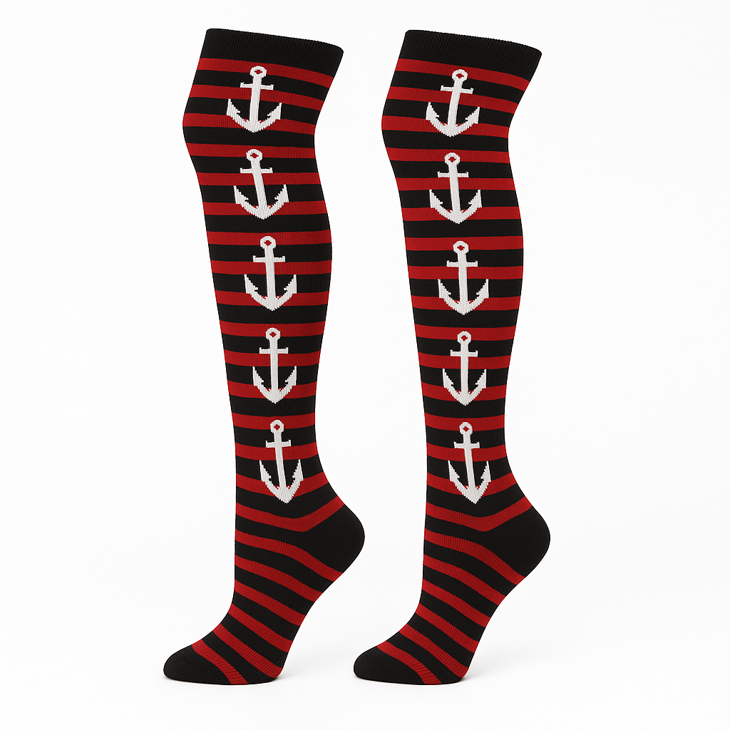 2 Paar lange Socken ringel Anker Motiv Overknees Gothic Punk Emo Rockabilly rot