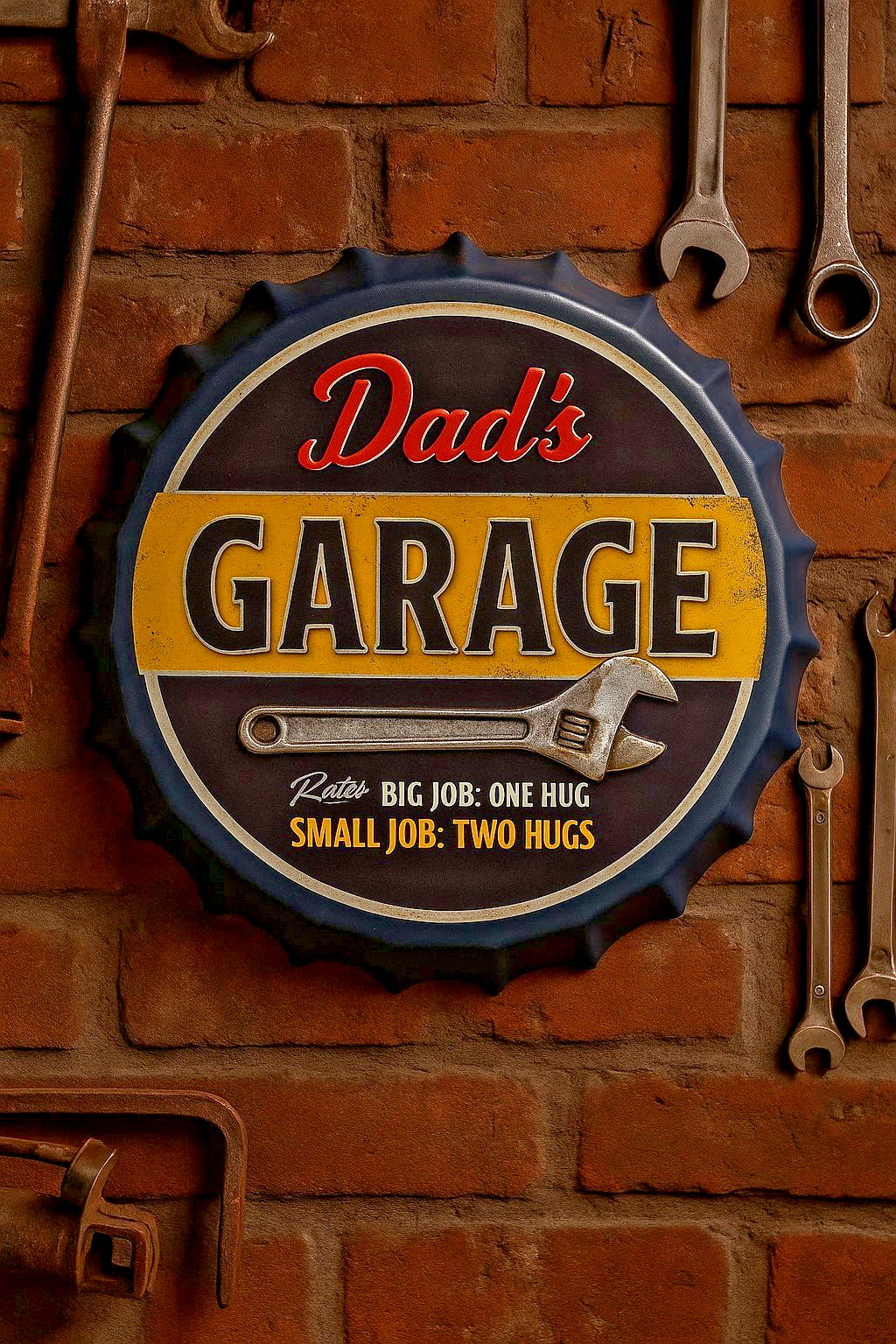 Blechschild Dad´s Garage Blau Kronkorken Design Ø 35 cm Vintage Retro Wandschild
