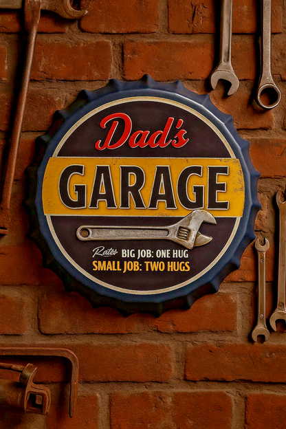 Blechschild Dad´s Garage Blau Kronkorken Design Ø 35 cm Vintage Retro Wandschild
