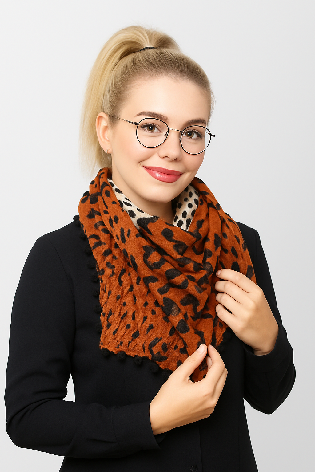 Tuch Leopardenmuster Braun Weiß Halstuch Damen Safari Look Boho Bommel Schal Leo