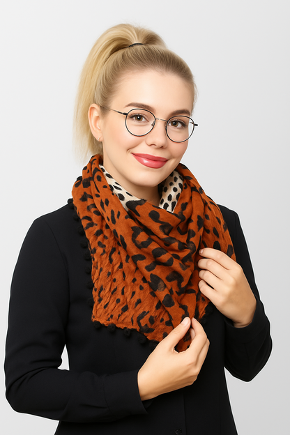 Tuch Leopardenmuster Braun Weiß Halstuch Damen Safari Look Boho Bommel Schal Leo