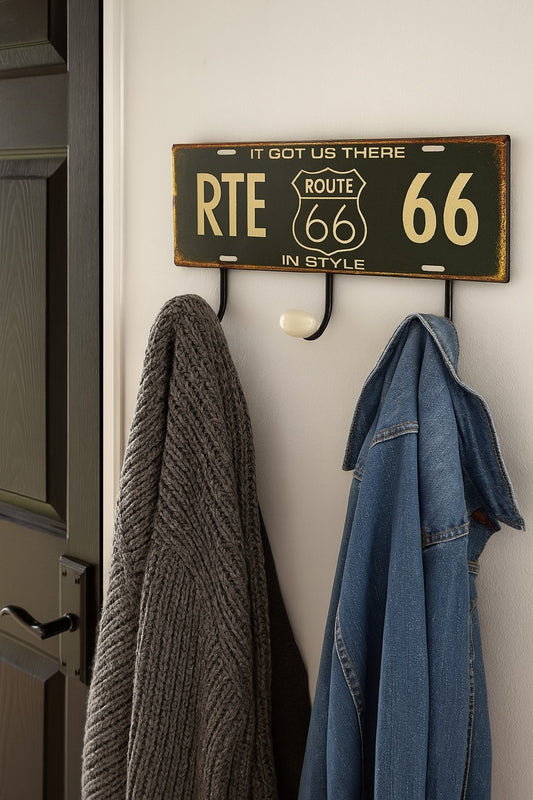 Blechschild Route 66- 37x14 cm Garderobe Kleiderhaken Metall Haken Retro Vintage