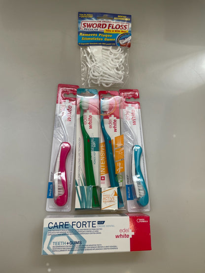 Original edel+white Zahnpflege Set – 4 Zahnbürsten + Zahnpasta + Zahnseide