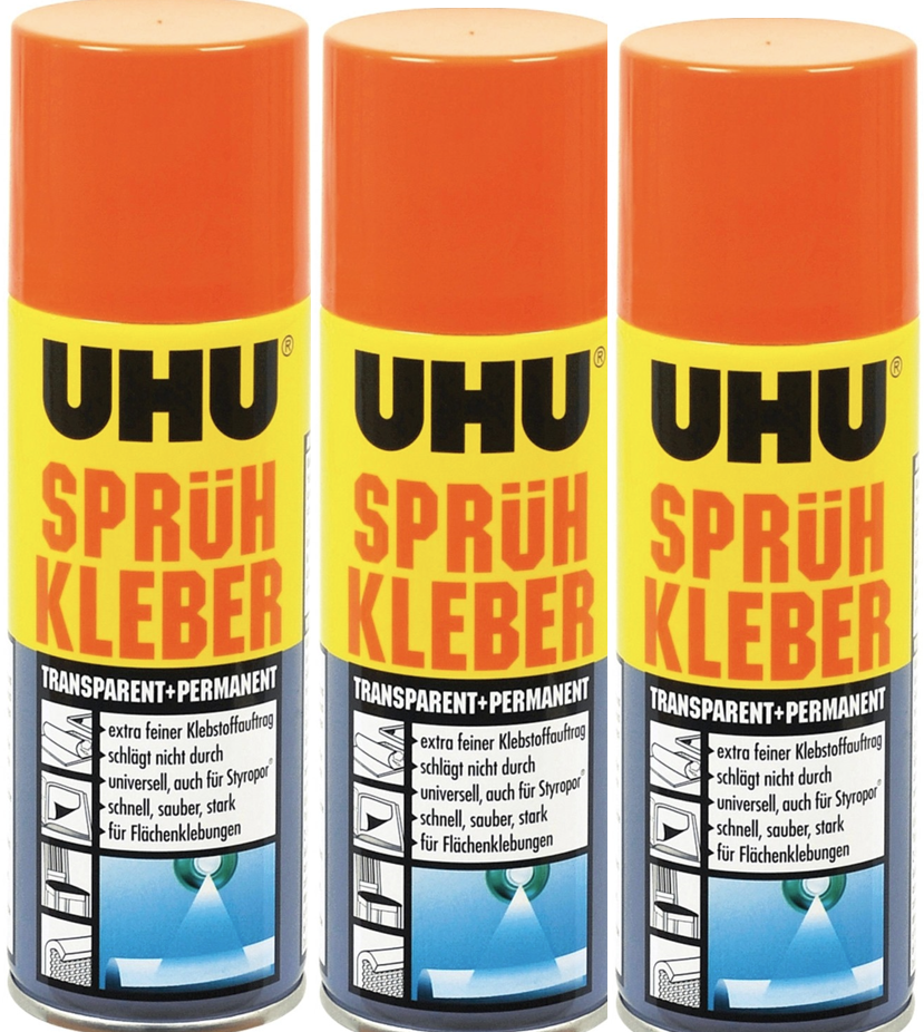 3x200ml UHU Sprühkleber permanent transparent schnell sauber stark basteln DIY