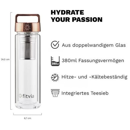2x fitvia Thermoflasche Rose Tea2GO 380ml Teeflasche mit Teesieb Isolierflasche