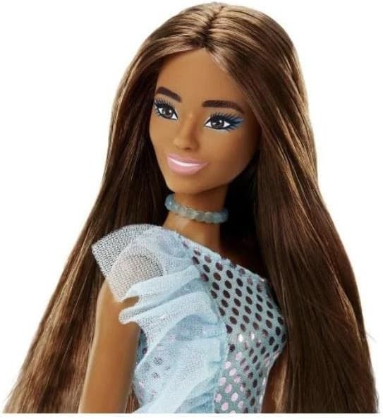 Mattel T7580 / HJR95 Barbie Puppe mit Türkis Glitzer Kleid Polka Dots Mini Dress