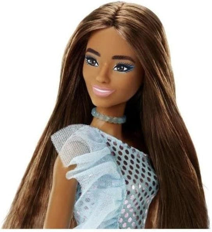 Mattel T7580 / HJR95 Barbie Puppe mit Türkis Glitzer Kleid Polka Dots Mini Dress