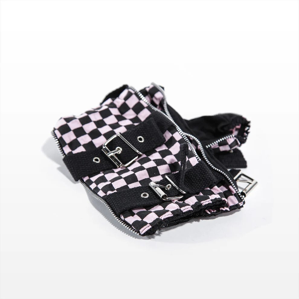 Armstulpen mit Metallschnallen Schwarz Rosa Schachbrett Karo Gothic Punk Rocker