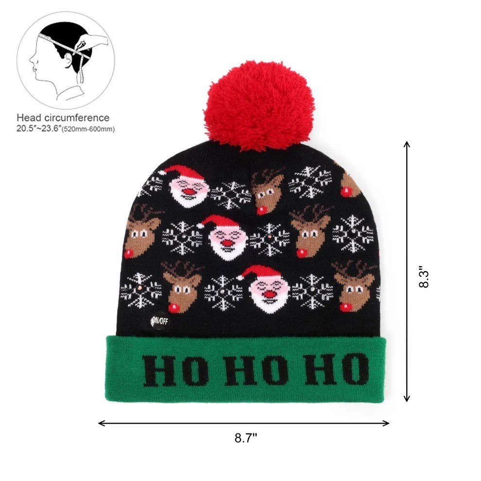2er Set LED Licht Mütze Rotes Rentier & HoHoHo Weihnachtsmütze Weihnachten Strickmütze