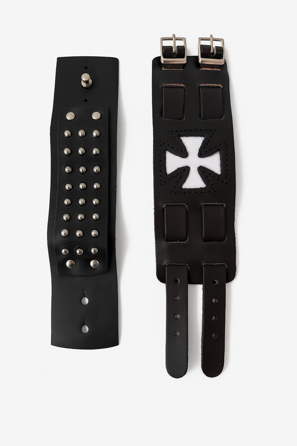 2er Set Lederarmband Schwarz mit Nieten und Weißem Kreuz Accessoires Biker Rock