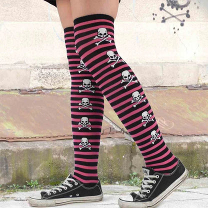 Overknee Socken Rosa / Schwarz Gestreif mit Totenköpfe Strümpfe Kniestrümpfe