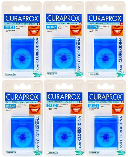 6 x Curaprox Floss Zahnseide 50 m DF822 gewachst mit Chlorhexidin TOP