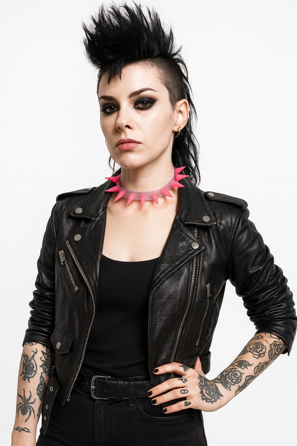 Halsband Transparent mit Pinken Spikes Nieten Choker Punk Rock Gothic Festival