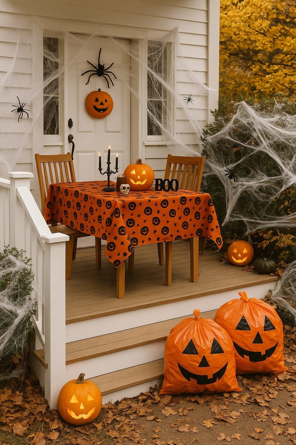 Halloween Deko Box Set mit Spinnennetz Weiß 700g - Tischdecke Orange - Laubsäcke