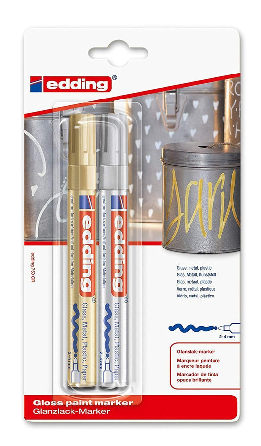 2er Set Edding 750 CR Gold Silber Glanzlackmarker 2-4 mm Wasserfest Lackmarker