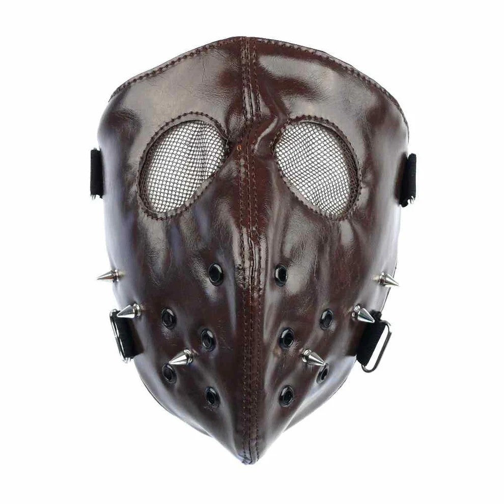 Leatherette Maske mit Spikes Braun Gesichtsmaske Halloween Horror Grusel Cosplay