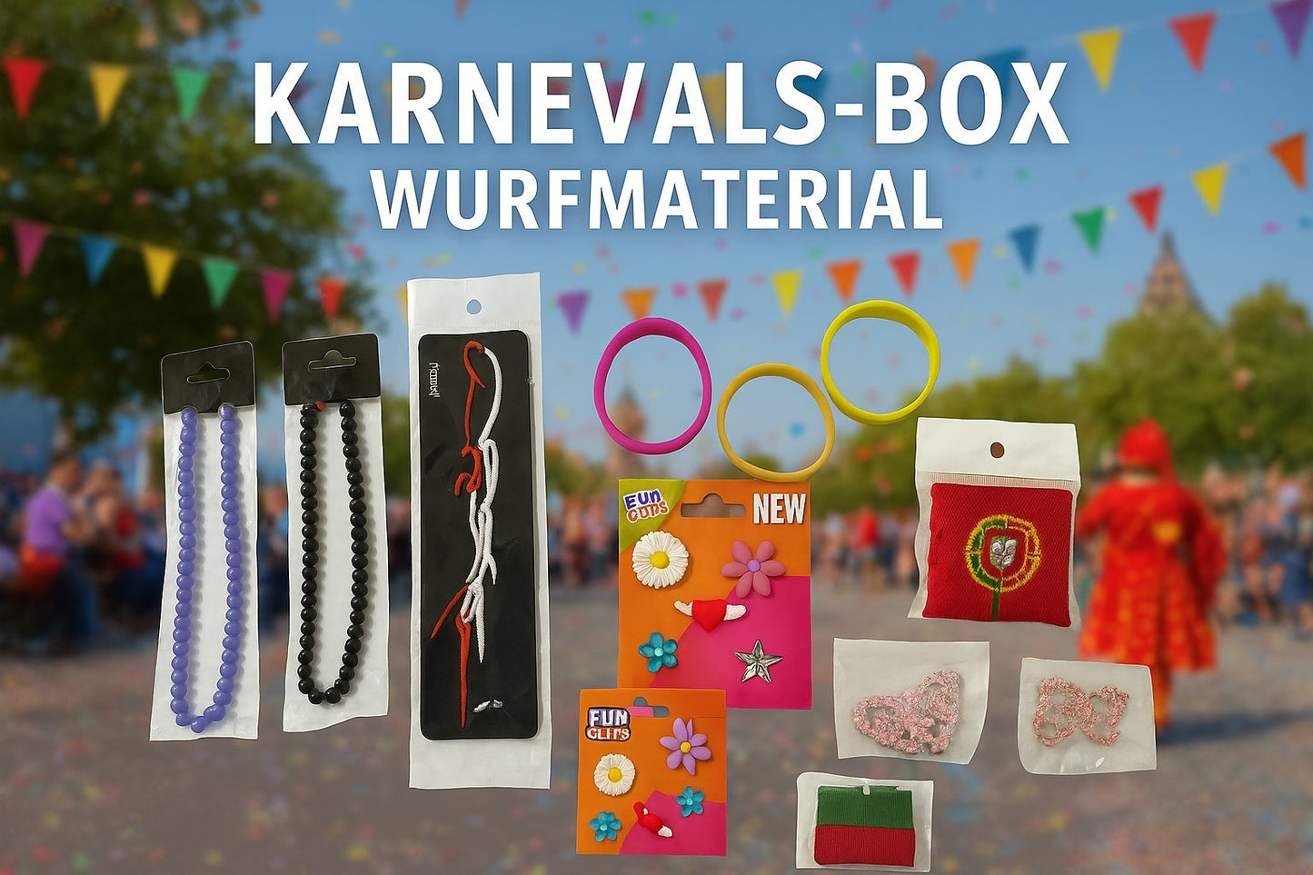 Karnevals-Box 350 teilig Wurfmaterial Schmuck Textil Fasching Umzug Partyartikel