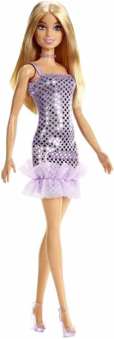 Mattel T7580 / HJR93 Barbie Puppe mit Lila Glitzer Kleid Blond Polka Dots