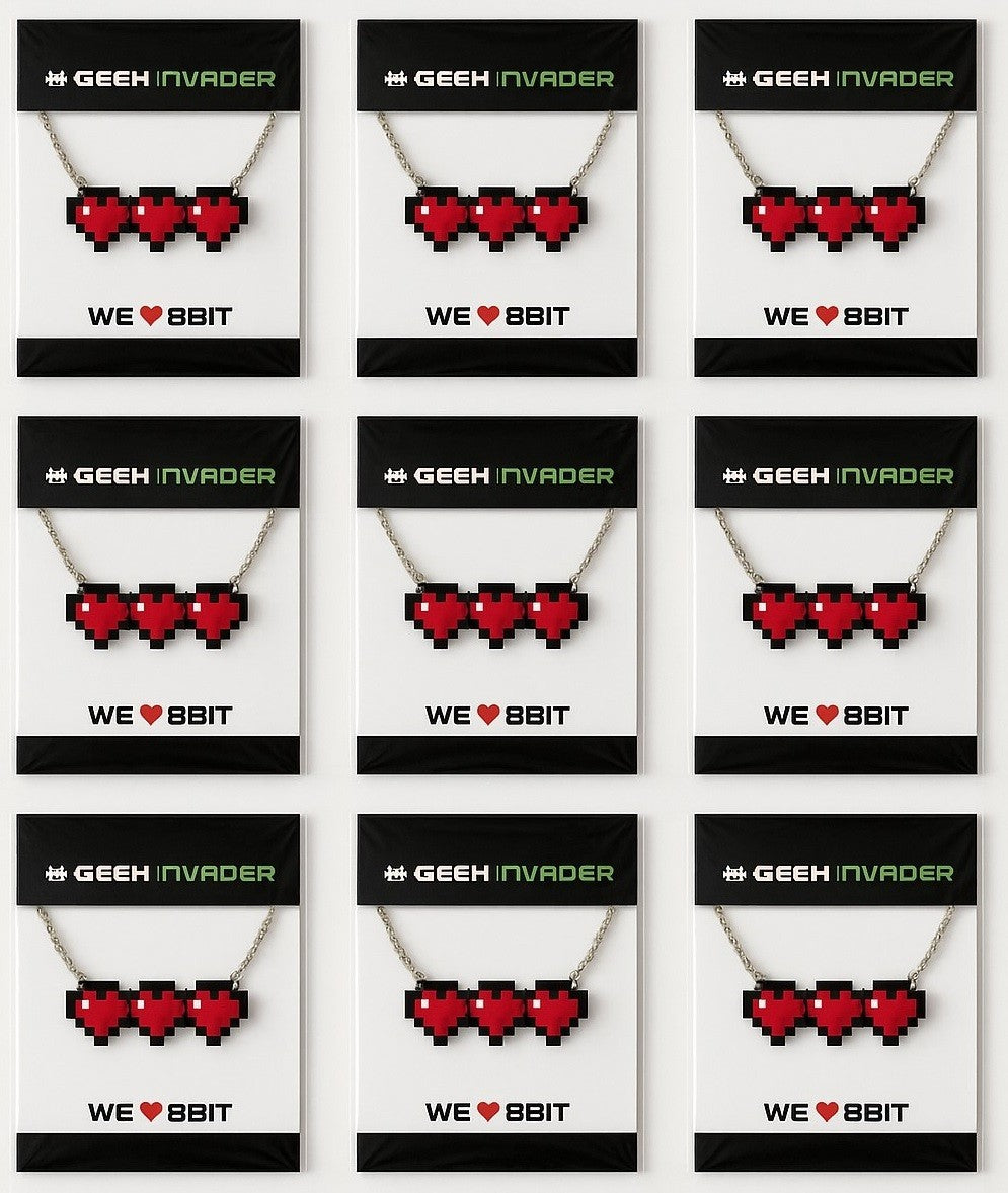 9er Set Halsketten Herzen Rot Pixel Retro Gamer Nerds Cosplayer Geschenk Kette