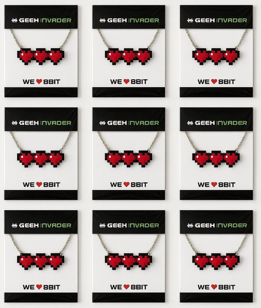 9er Set Halsketten Herzen Rot Pixel Retro Gamer Nerds Cosplayer Geschenk Kette