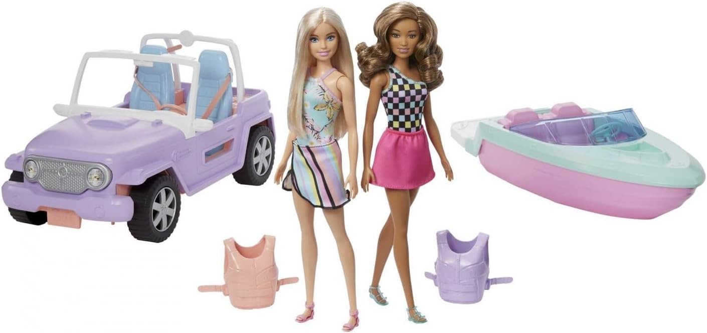 Mattel GXD66 Barbie Geschenkset mit 2 Puppen / Boot / Jeep  Spielset Spielzeug