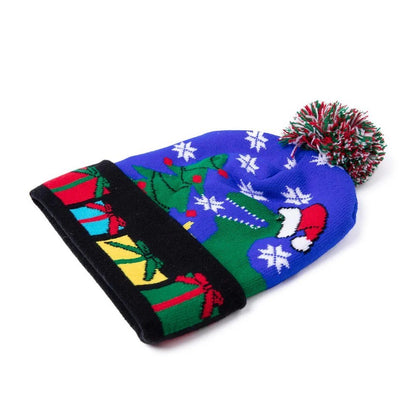 LED Licht Mütze Dino Blau Weihnachtsmütze Weihnachten Bommel Beanie Strickmütze