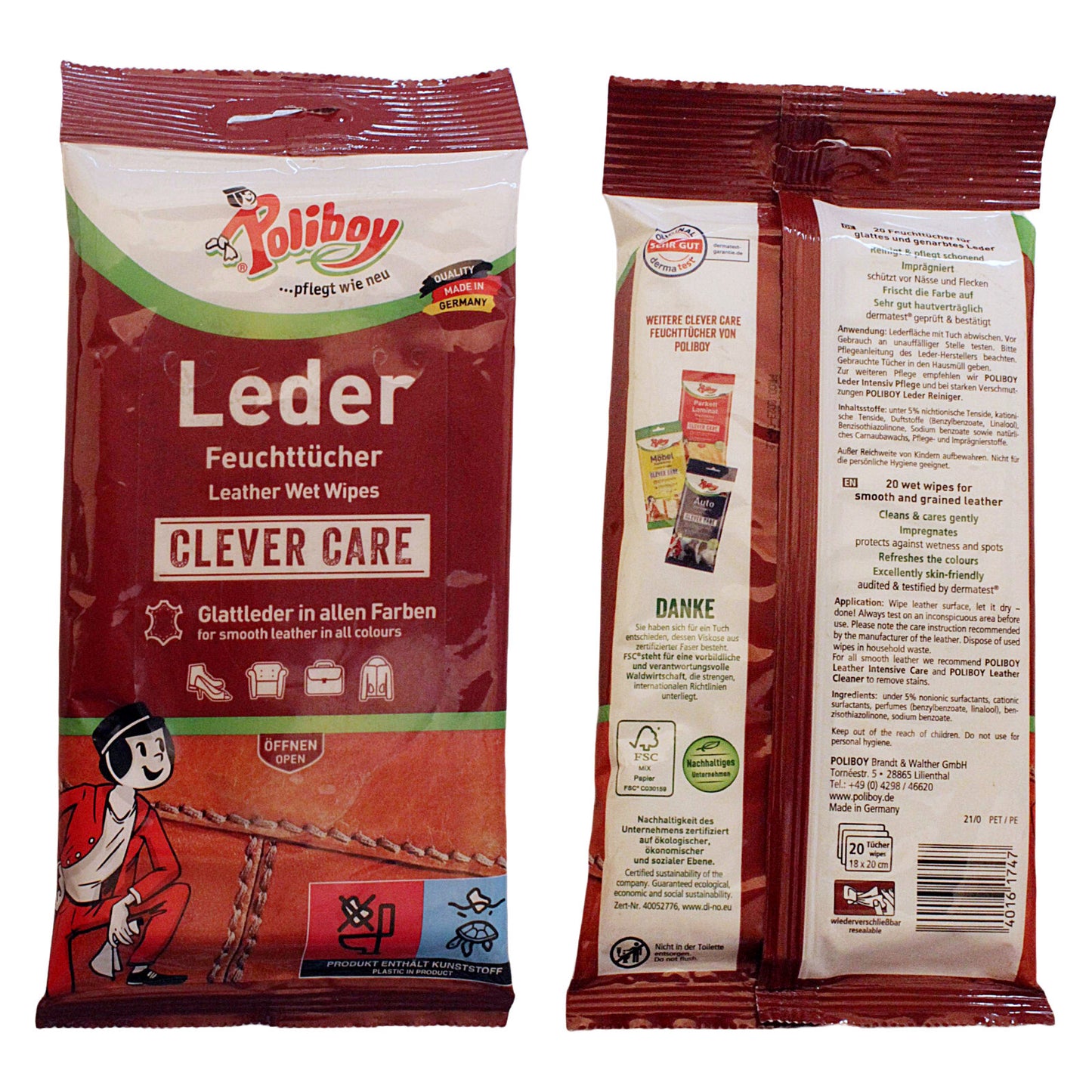 3x Poliboy Lederpflege Feuchttücher 3x20 Stk Reinigung Schutz Pflege Glanz Leder