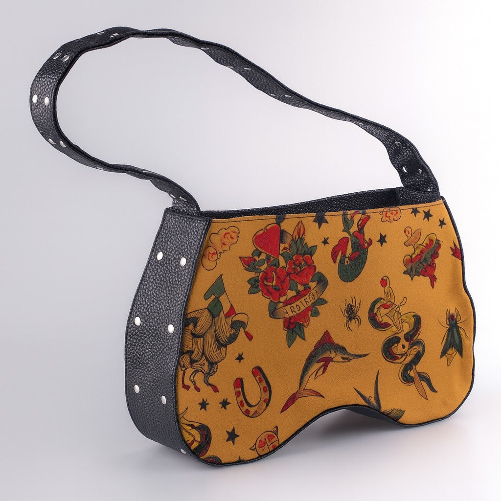Handtasche Tattoo Beige Damentasche Vintage Rockabilly Oldscool Nieten Retro